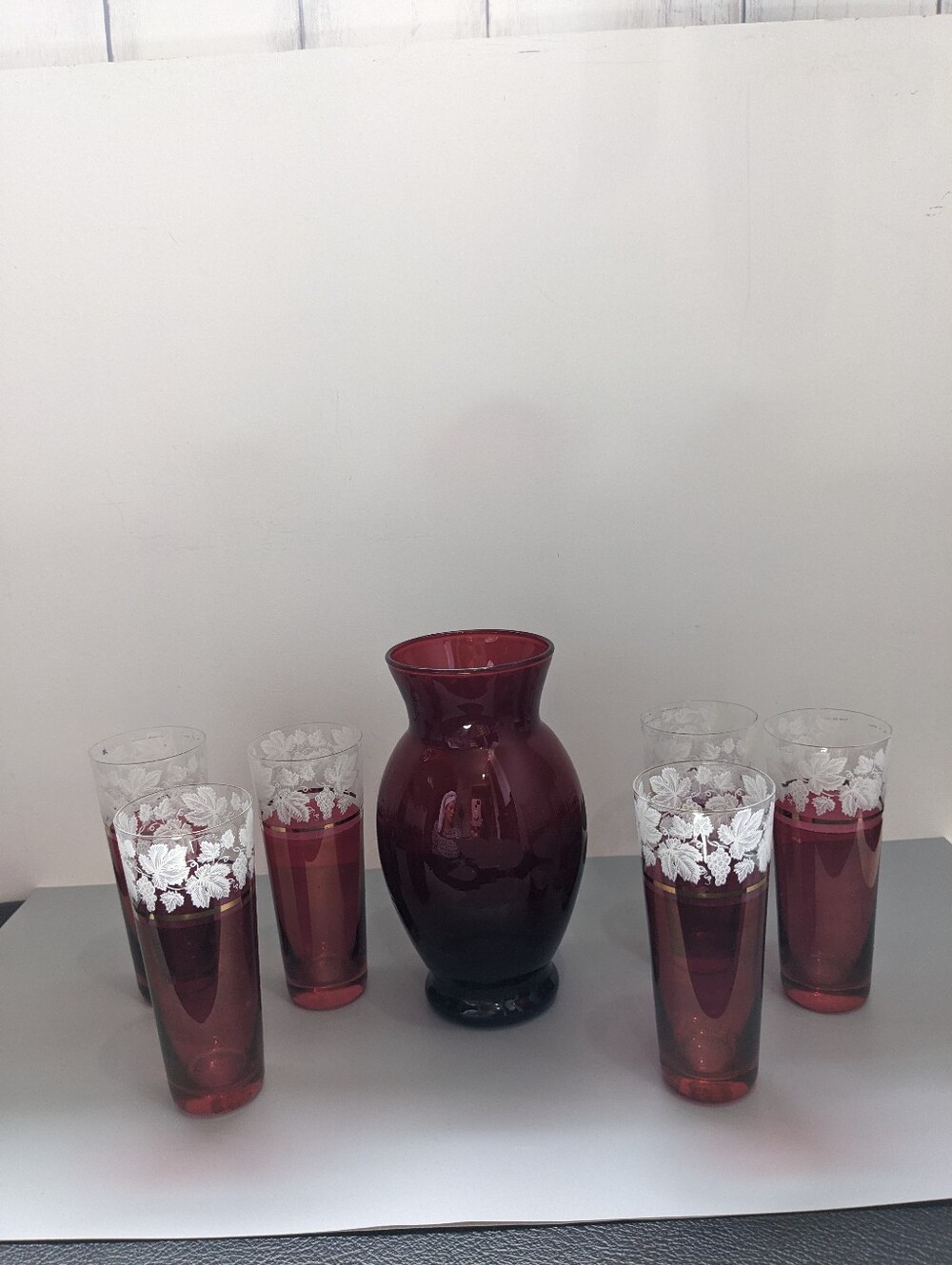 Anchor Hocking Ruby Red Decanter Six Glasses White Floral Set 1960s Mid Century
